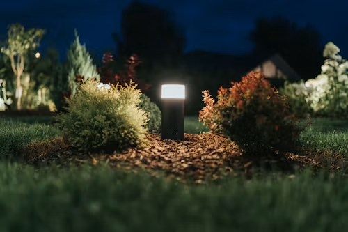 Lit garden path with a glowing square light surrounded by shrubs at night