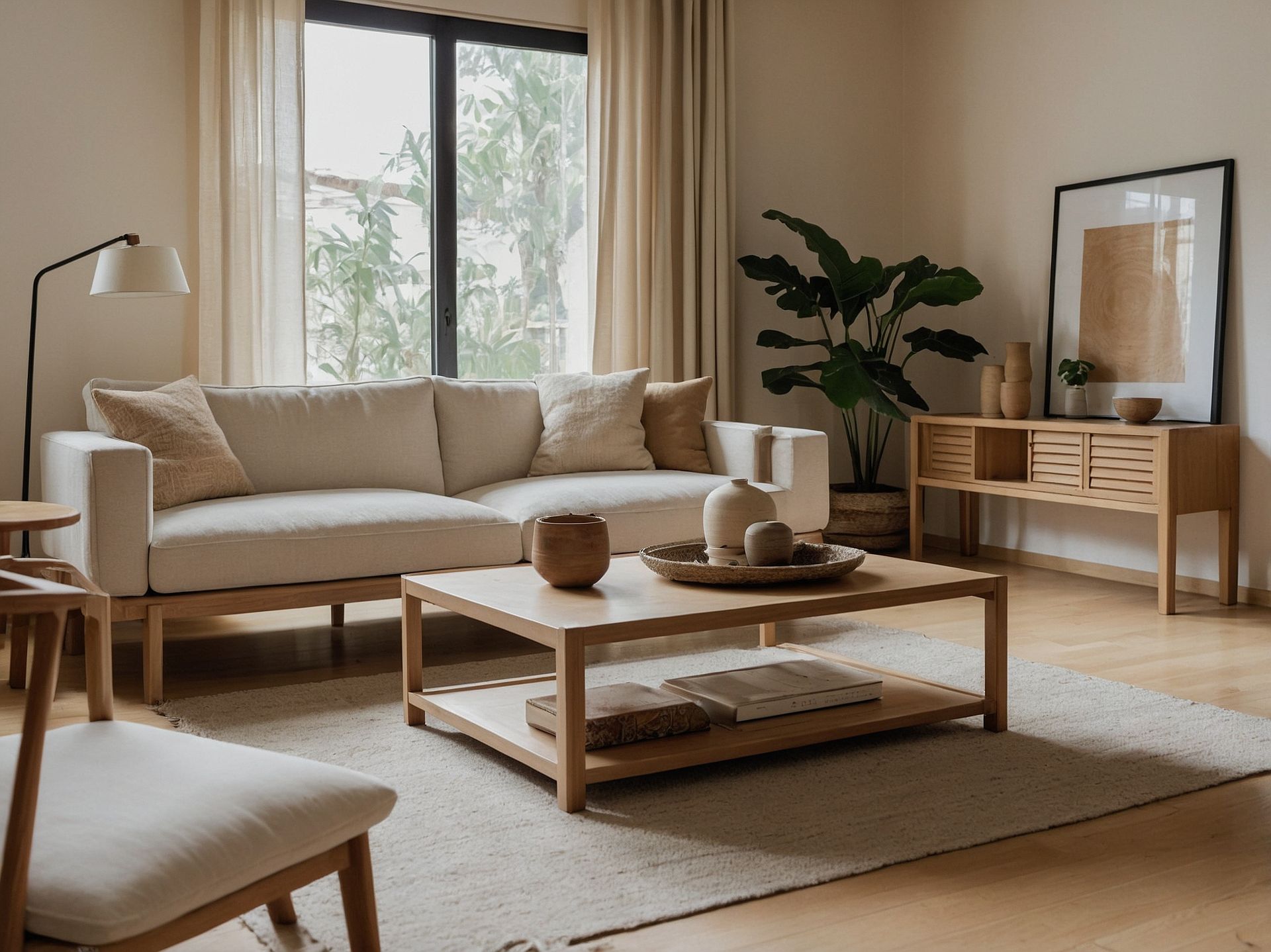 A living room with a couch , coffee table , chairs and a plant.