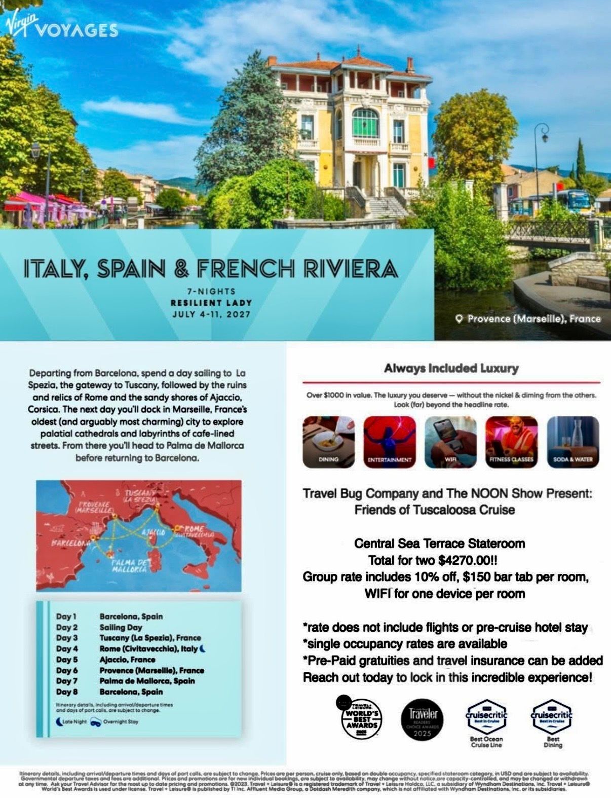 Travel brochure for Italy, Spain and French Riviera with villa, map, itinerary and luxury cruise details