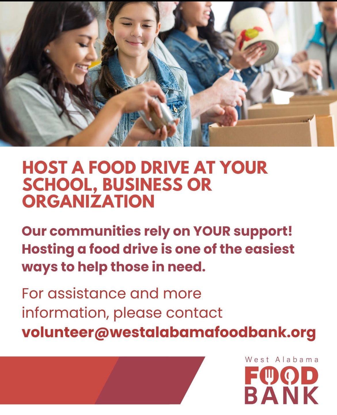 Food bank flyer with volunteers packing food donations at a school, urging hosting a food drive.