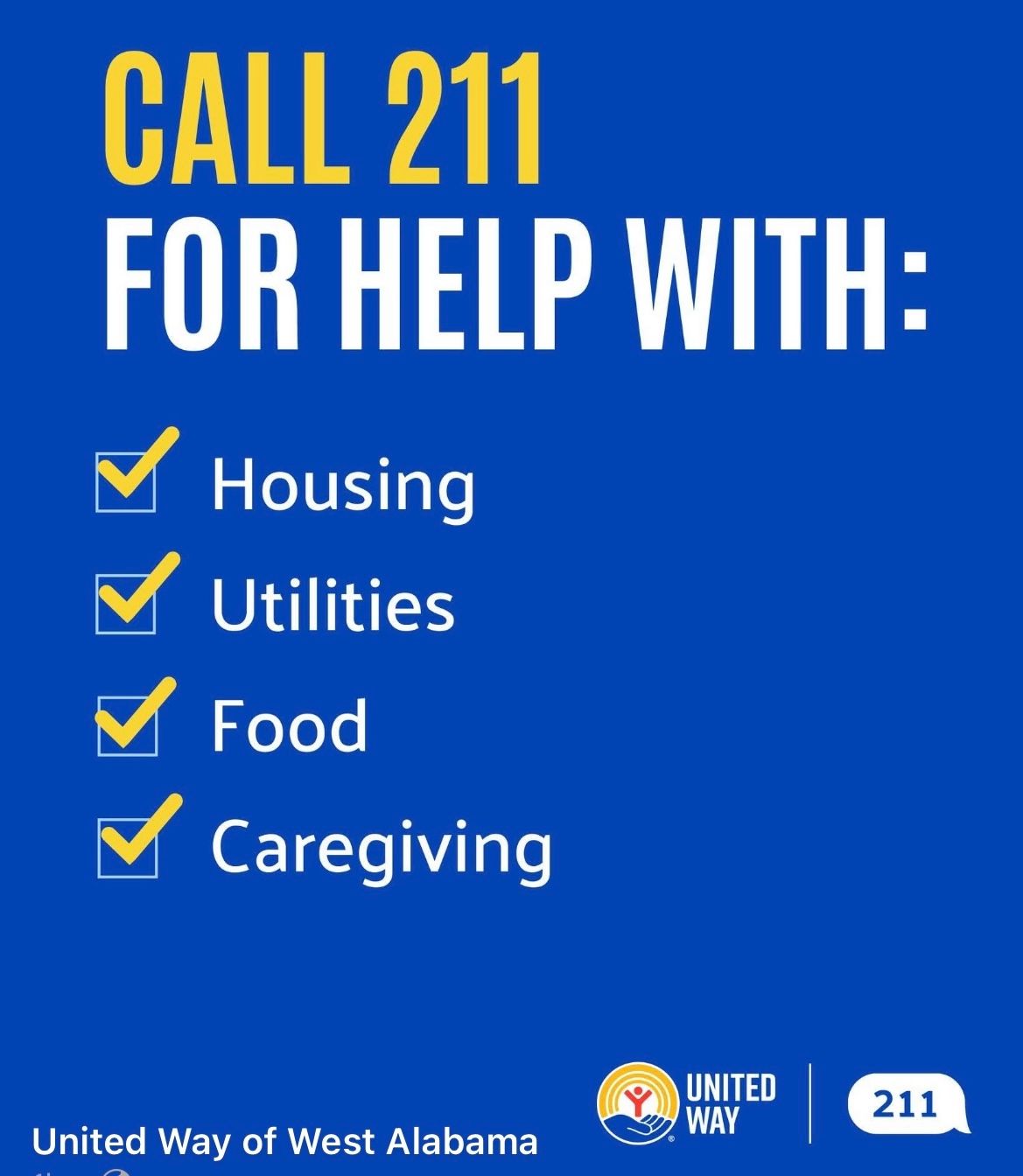 Blue United Way poster: “Call 211 for help with housing, utilities, food, caregiving.”