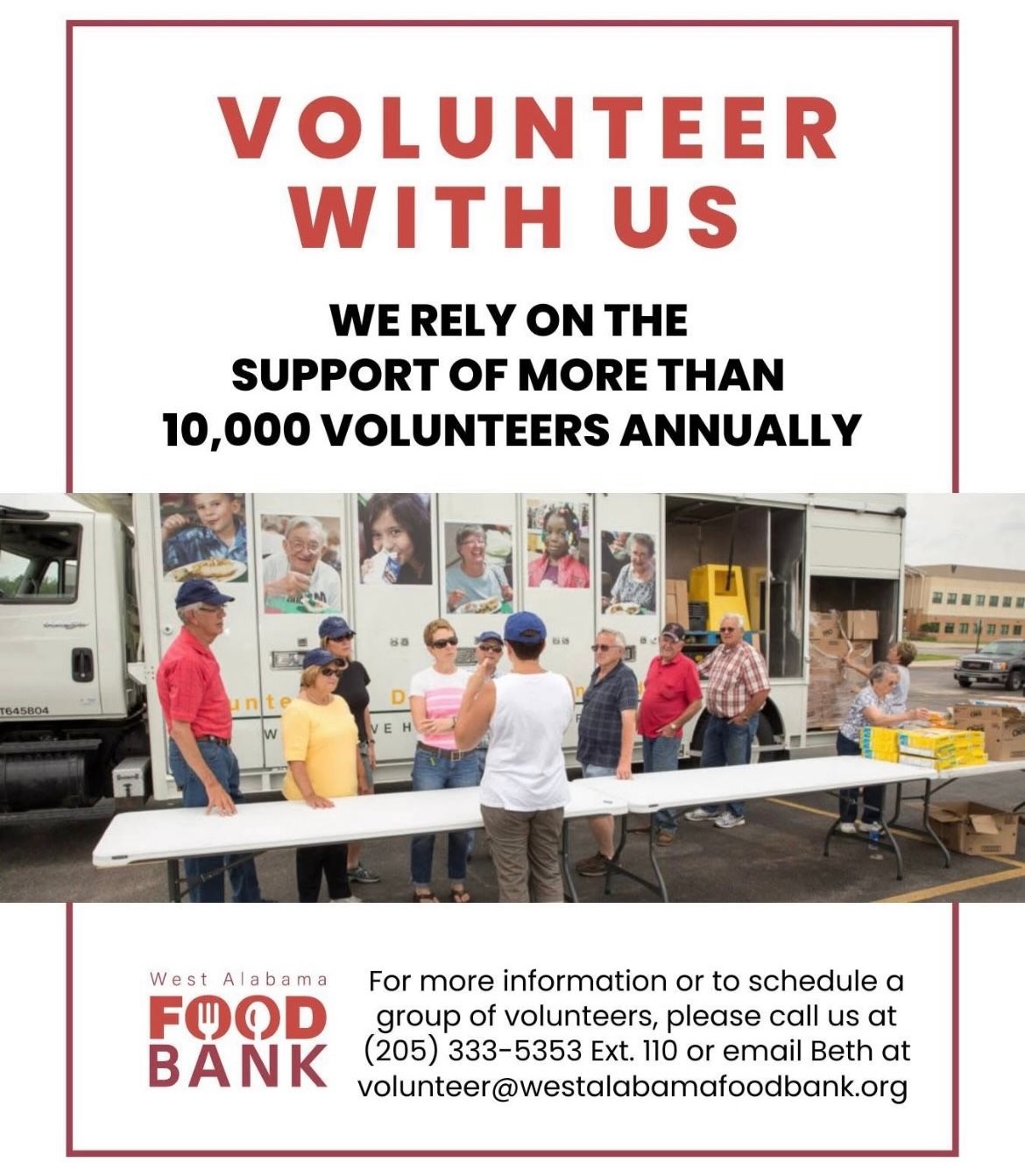 Volunteer with us at a food bank, with volunteers serving at a donation table.