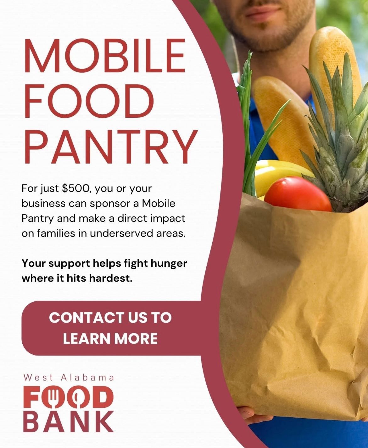 Mobile Food Pantry flyer with grocery bag and produce, promoting donations to help hungry families.