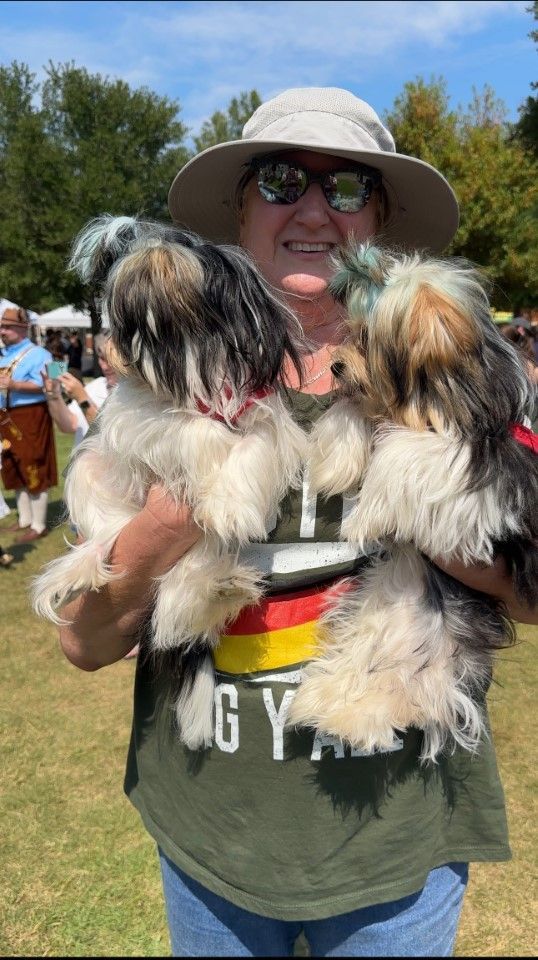 Person in sun hat holding two small fluffy dogs outdoors at a sunny event