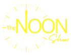 Yellow &ldquo;The Noon Show&rdquo; logo with a sunburst clock design on a white background