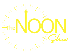 Yellow &ldquo;The Noon Show&rdquo; logo with a sunburst clock design on a white background