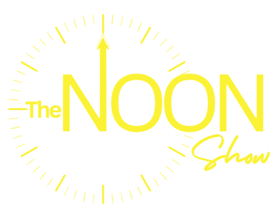 Yellow &ldquo;The Noon Show&rdquo; logo with a sunburst clock design on a white background