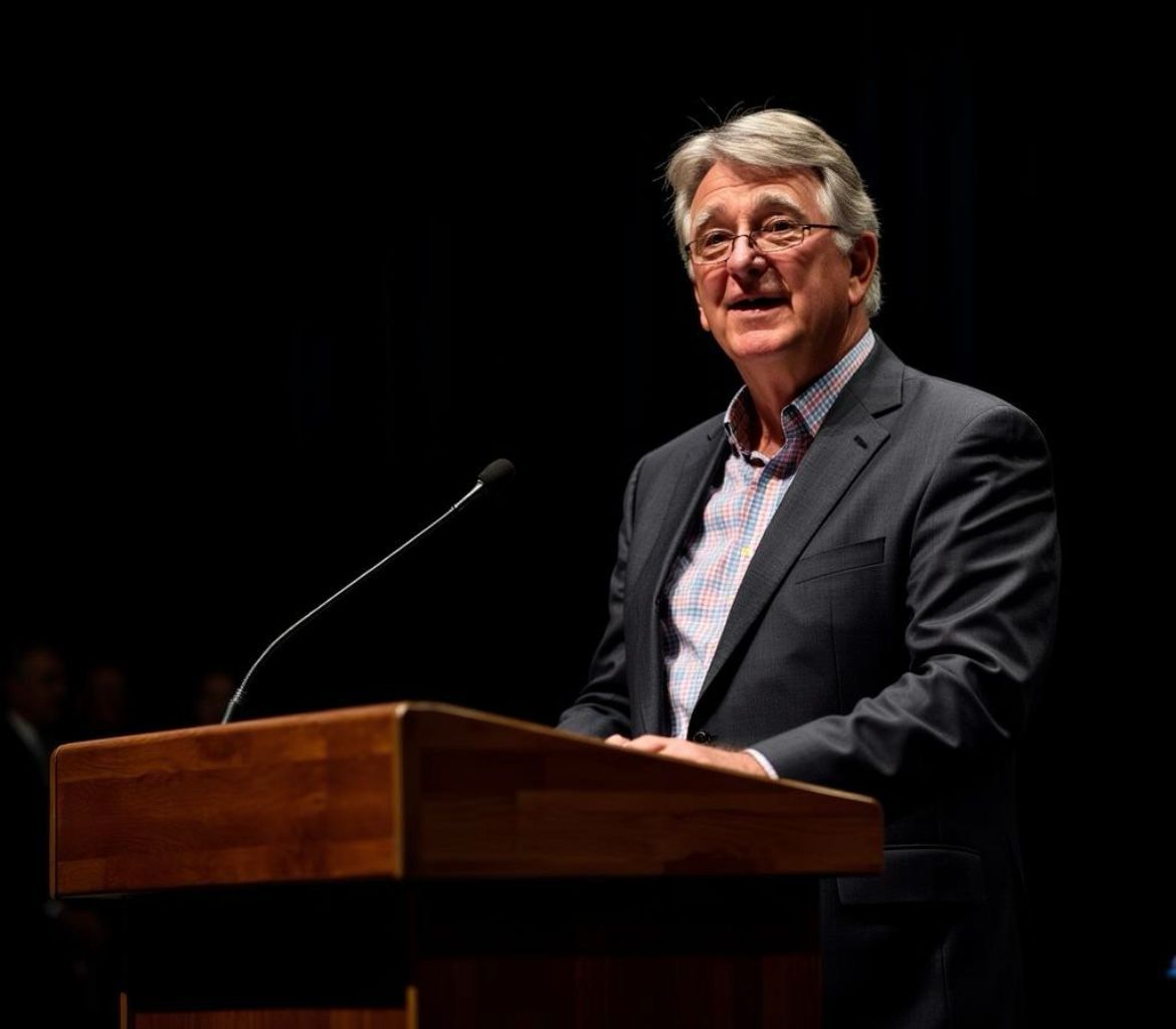 Man speaking at a podium on a dark stage, wearing a suit and looking to the side
