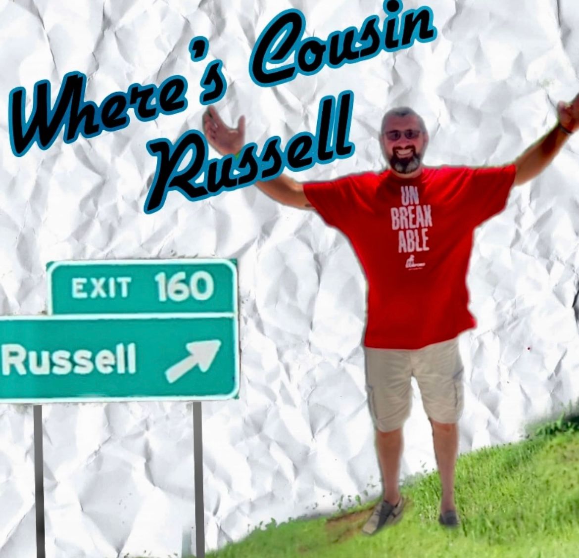 Man in red shirt posing by Russell exit sign with “Where’s Cousin Russell” text on crumpled paper background