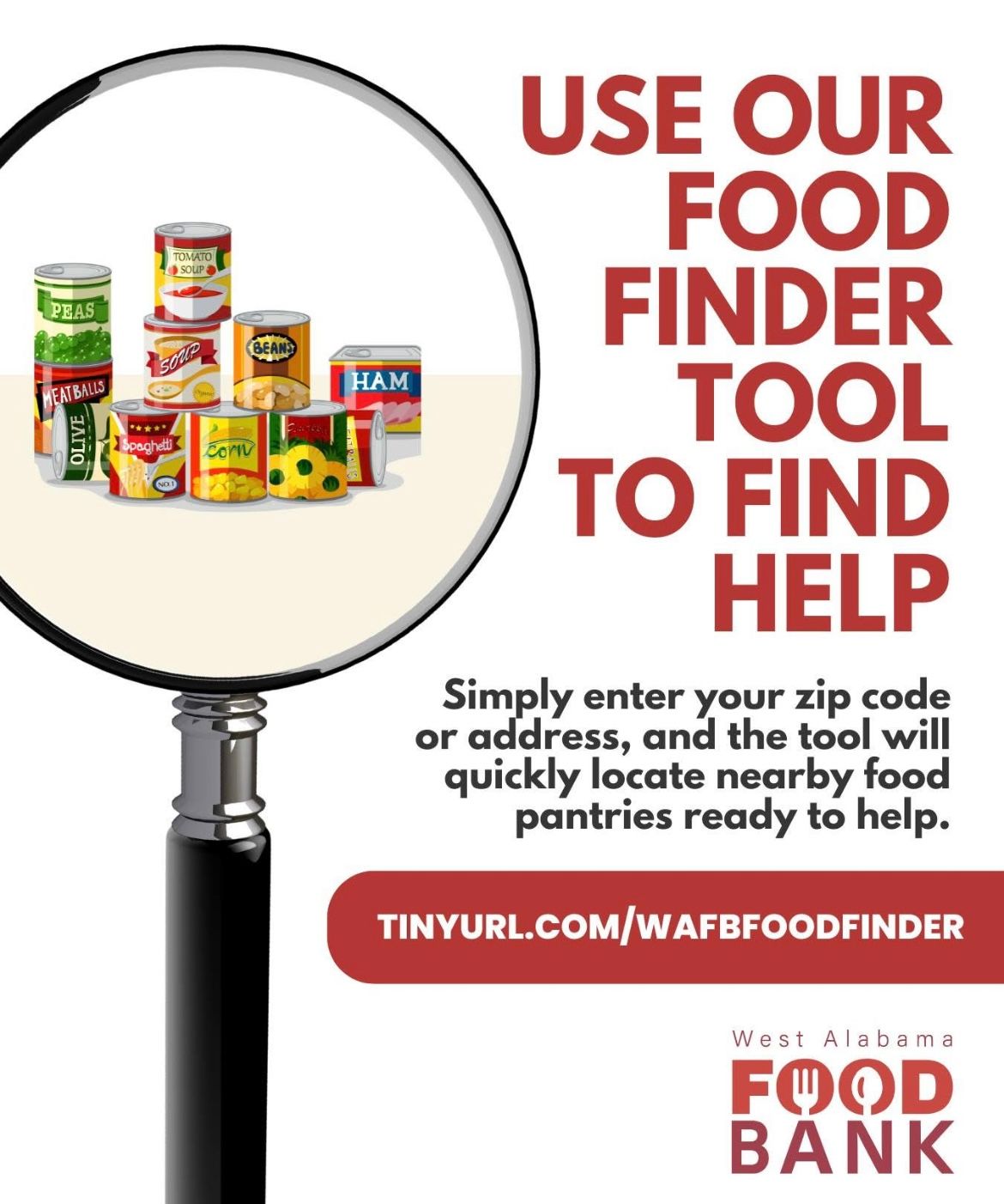 Magnifying glass over canned food with text promoting the Food Bank food finder tool and website.