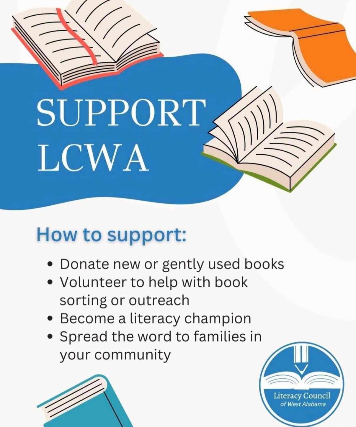 Support LCWA poster with open books and list of ways to help, on blue and white background.