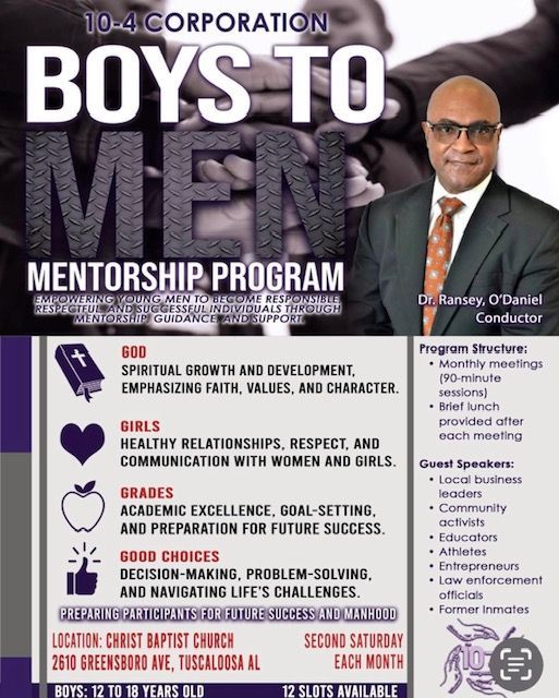 Poster for Boys to Men mentorship program with a speaker photo and program details in bold purple and white.
