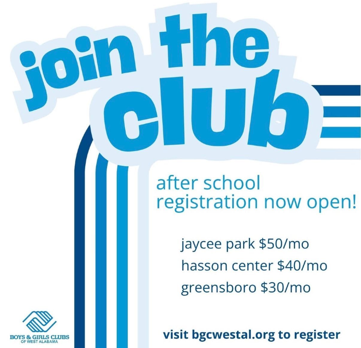 Blue “join the club” after-school registration flyer with program locations, prices, and website