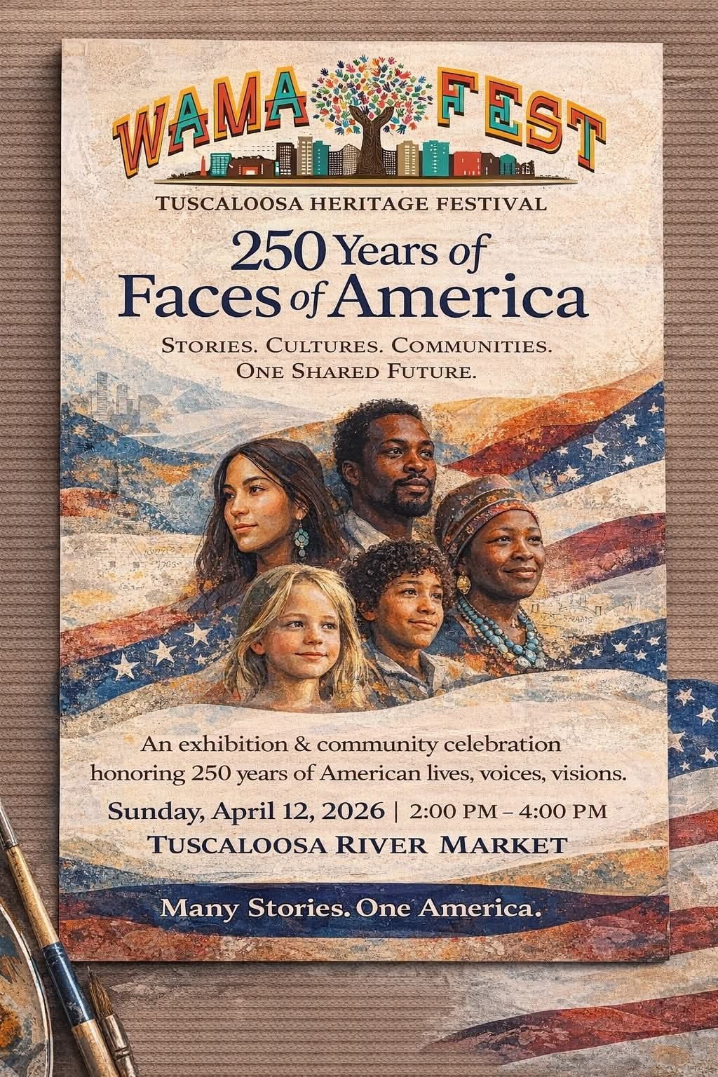 Poster for Tuscaloosa Heritage Festival: “250 Years Faces of America” at Tuscaloosa River Market, Sept. 12, 2026