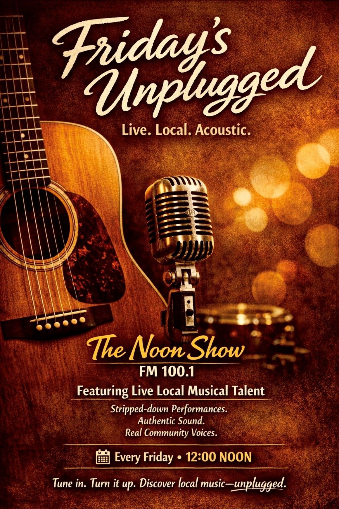 Friday’s Unplugged poster with guitar, vintage mic, and warm bokeh lights for The Noon Show FM 100.1 at noon