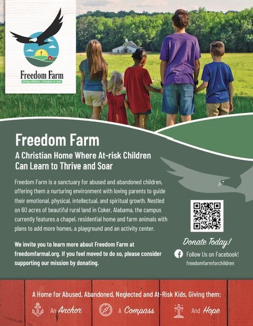 Freedom Farm poster with family standing in a green field and text about Christian farm near Atlanta and kids activities