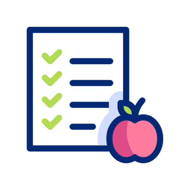 Checklist with green checkmarks, beside a pink apple.