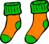 Two orange socks with green cuffs and toes.