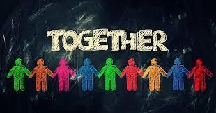 Colorful stick figures holding hands under the word