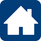 White house icon with a chimney on a blue square background.