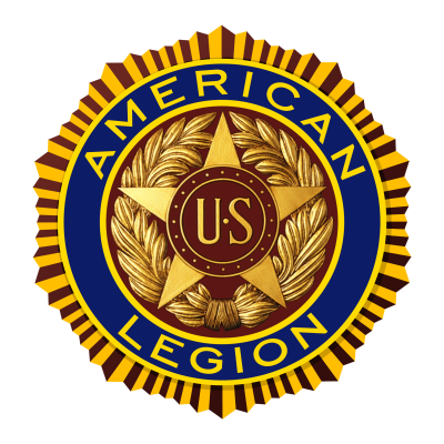 American Legion emblem with gold star, laurel, and text on blue and gold background.