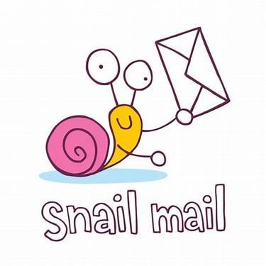 Cartoon snail holding an envelope, labeled
