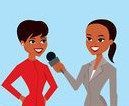 Woman in red interviewed by woman in grey suit holding a microphone; blue background.