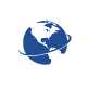 Blue globe with orbiting lines on a white background.