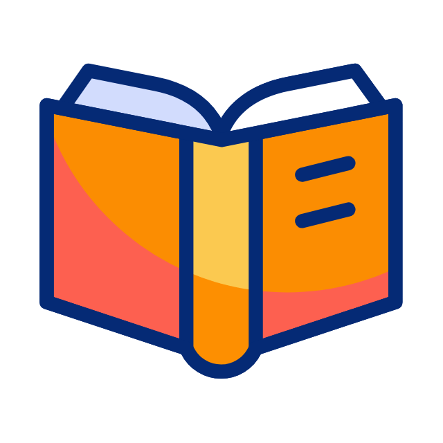 Opened book with orange cover and blue outline.