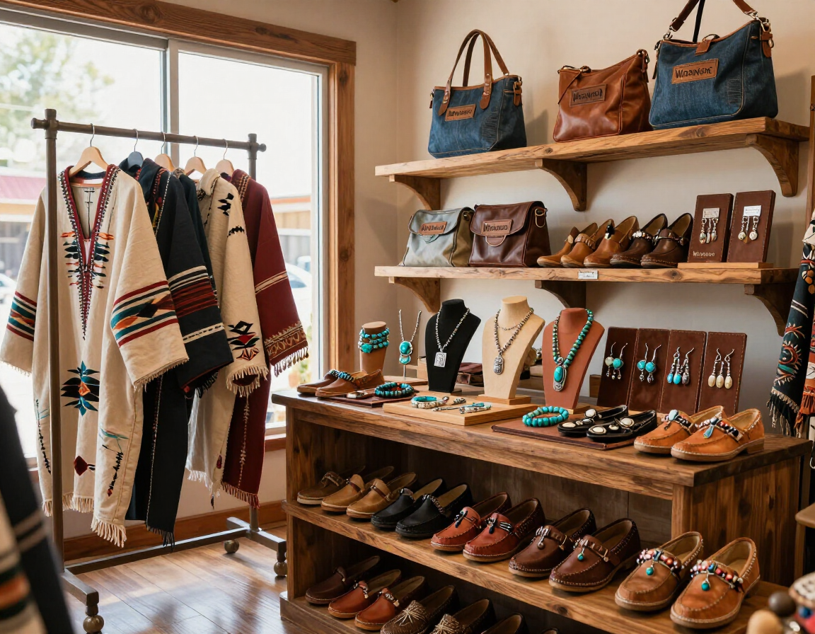 Seasons Boutique display with traditional clothing, moccasins, jewelry, and Wrangler bags