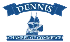 Logo for the Dennis Chamber of Commerce, blue and white. 