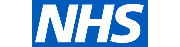 The nhs logo is blue and white on a white background.