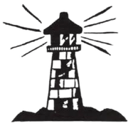Black-and-white lighthouse silhouette with beams of light shining from the top.