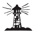 Black-and-white silhouette of a lighthouse with rays of light shining from the top