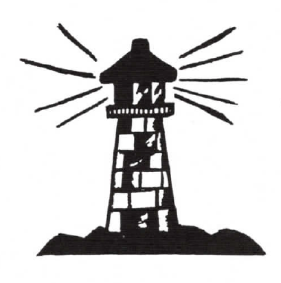 Black-and-white silhouette of a lighthouse with rays of light shining from the top