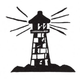 Black-and-white silhouette of a lighthouse with rays of light shining from the top