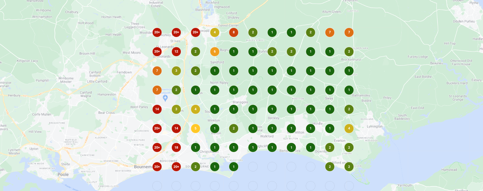 A report from Local Falcon showing our ranking position on Google Maps for SEO Agency