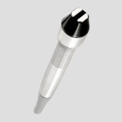 Silver pen with black cap and white clip on a light gray background Silver pen with black cap and white clip on a light gray background