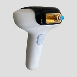 White handheld barcode scanner with black and gold front on a light gray background White handheld barcode scanner with black and gold front on a light gray background