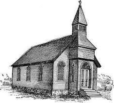 Black-and-white sketch of a small church with a steeple and front steps