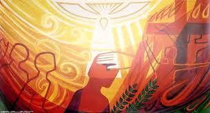 Abstract red and gold illustration with a glowing central figure and swirling organic lines
