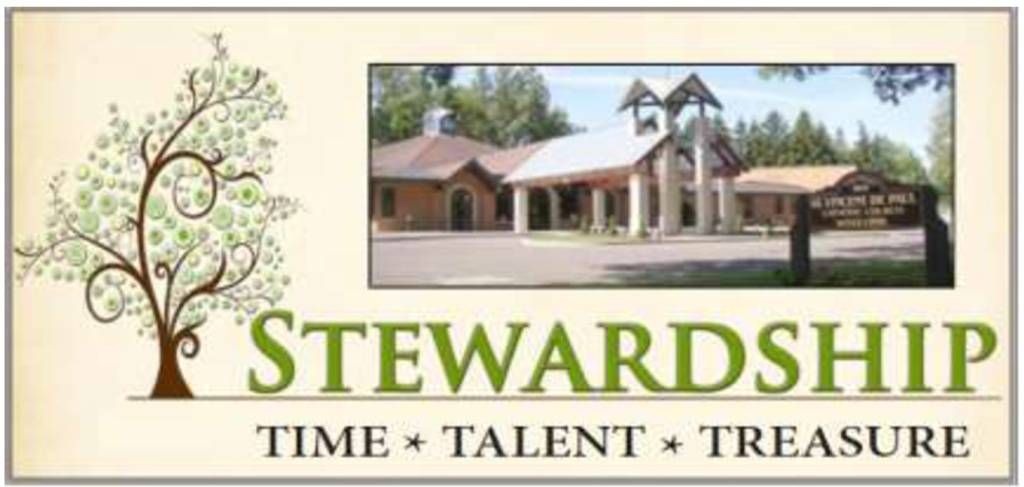 “Stewardship” banner with tree, church buildings, and the words “Time • Talent • Treasure”