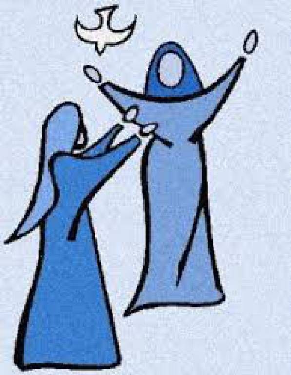 Blue-robed figures with raised arms and a dove-like symbol above them