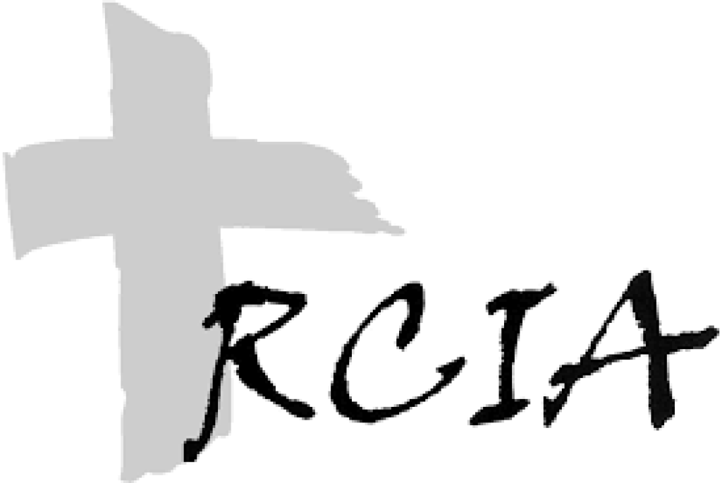 Gray brushstroke cross behind black “RCIA” text on a white background