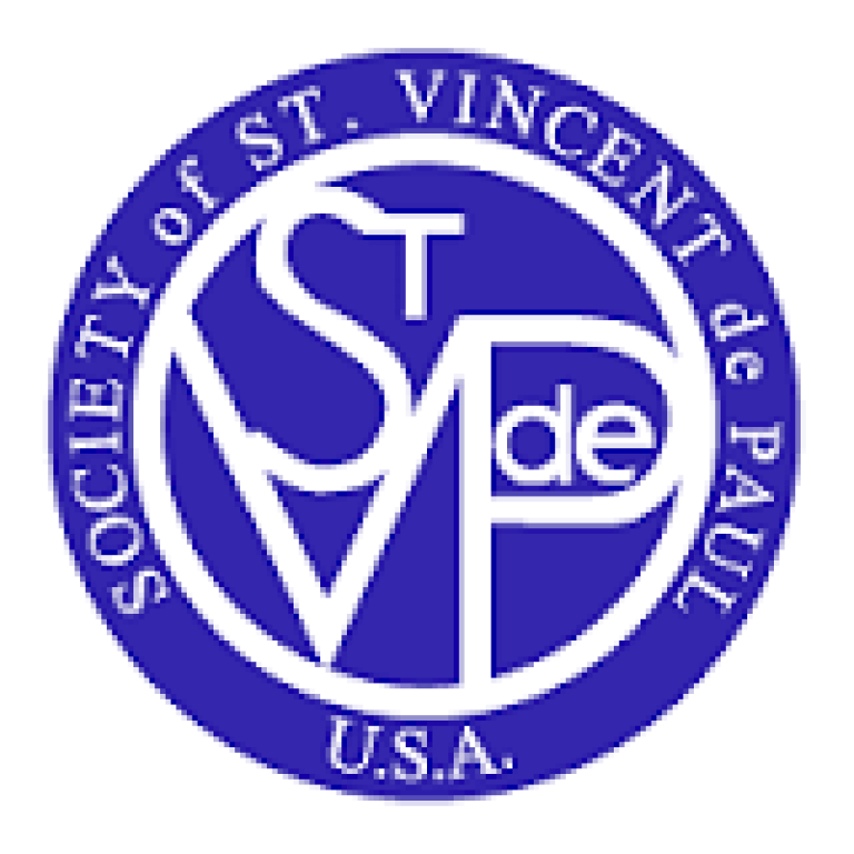 St. Vincent de Paul Society USA blue circular logo with white lettering and monogram