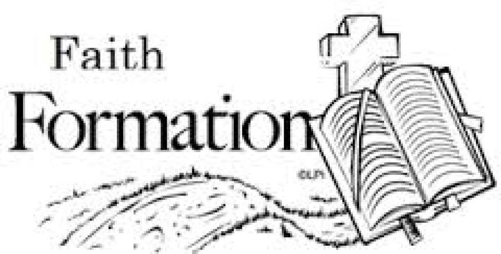 Faith Formation logo with an open Bible, cross, and flowing line art on a white background