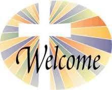 Colorful circular graphic with “Welcome” in cursive text centered on a white background