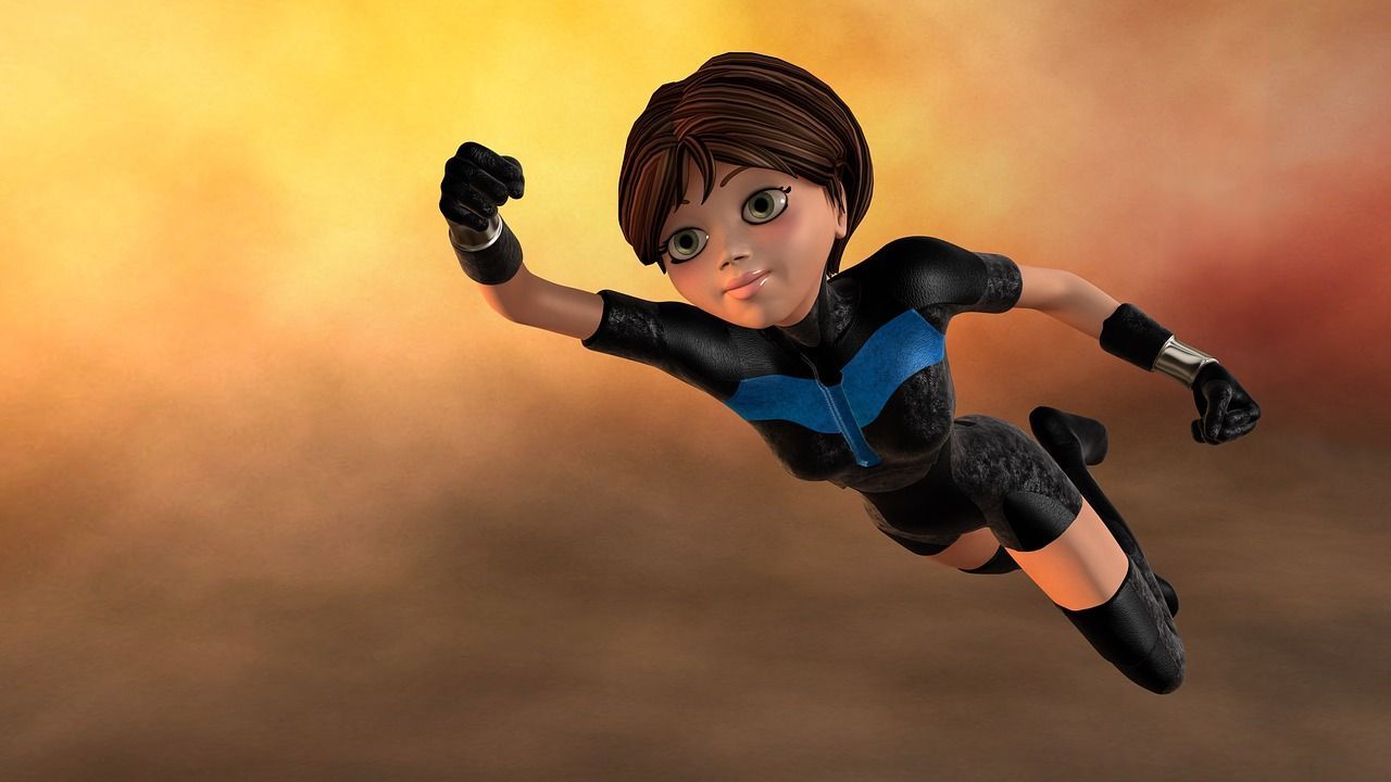 Animated superhero flying forward in a blue-and-black suit against a warm orange sky