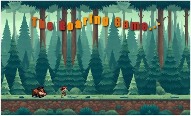 Pixel-art forest game screen titled “The Boarling Game,” with a boar and small character on a path.