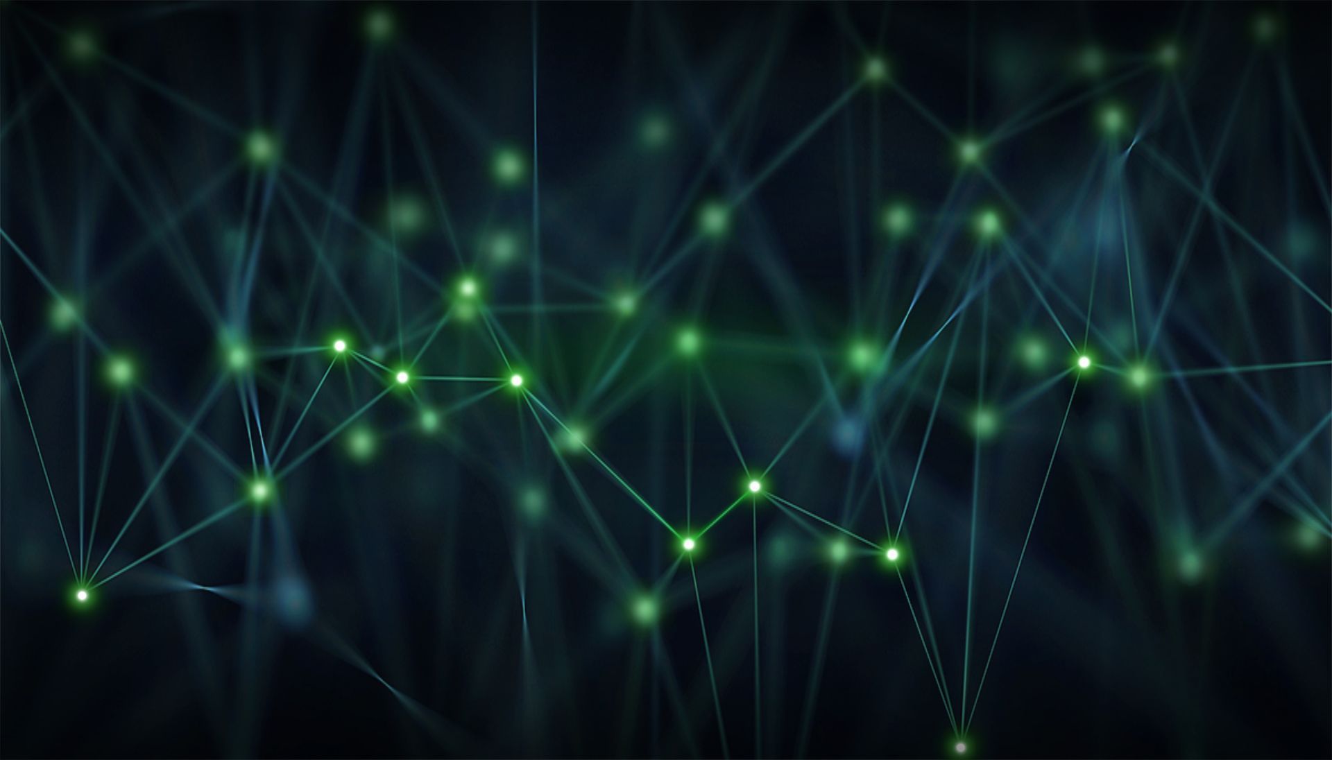 Abstract green network lines and glowing nodes on a dark background